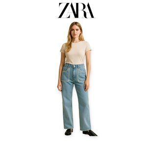 Zara lightwash boho embroidered wide-leg whimsical structured jeans size 6 EUC